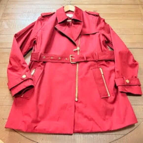 Michael Kors Red Belted Trench Coat Jacket Gold Zipper Hardware Women’s XL - Picture 2 of 13